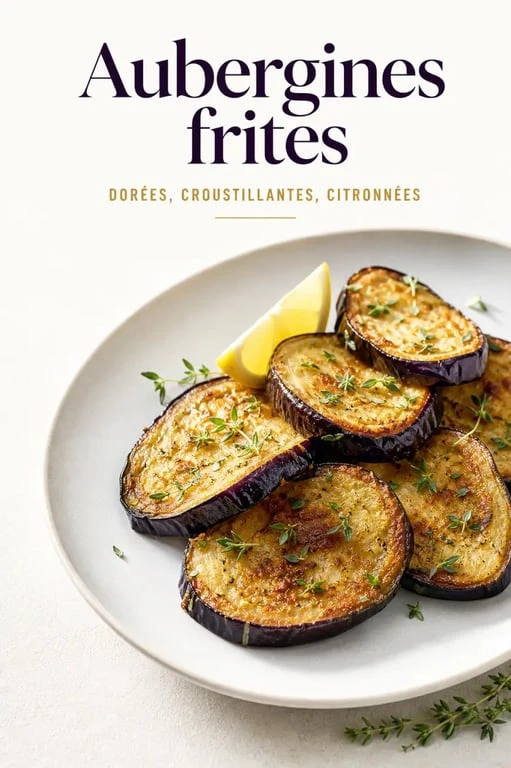 Recette aubergine frit dorée et croustillante sur assiette, servie avec herbes fraîches et citron