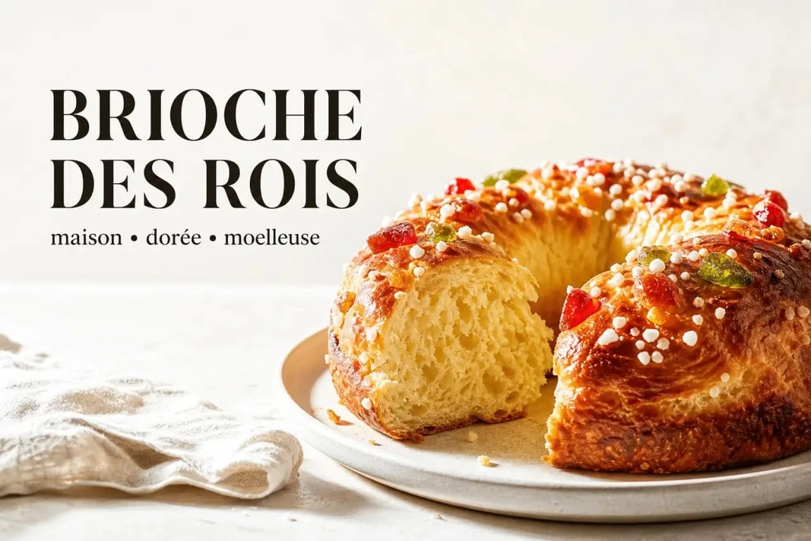 Brioche des rois dorée et moelleuse avec fruits confits et sucre perlé