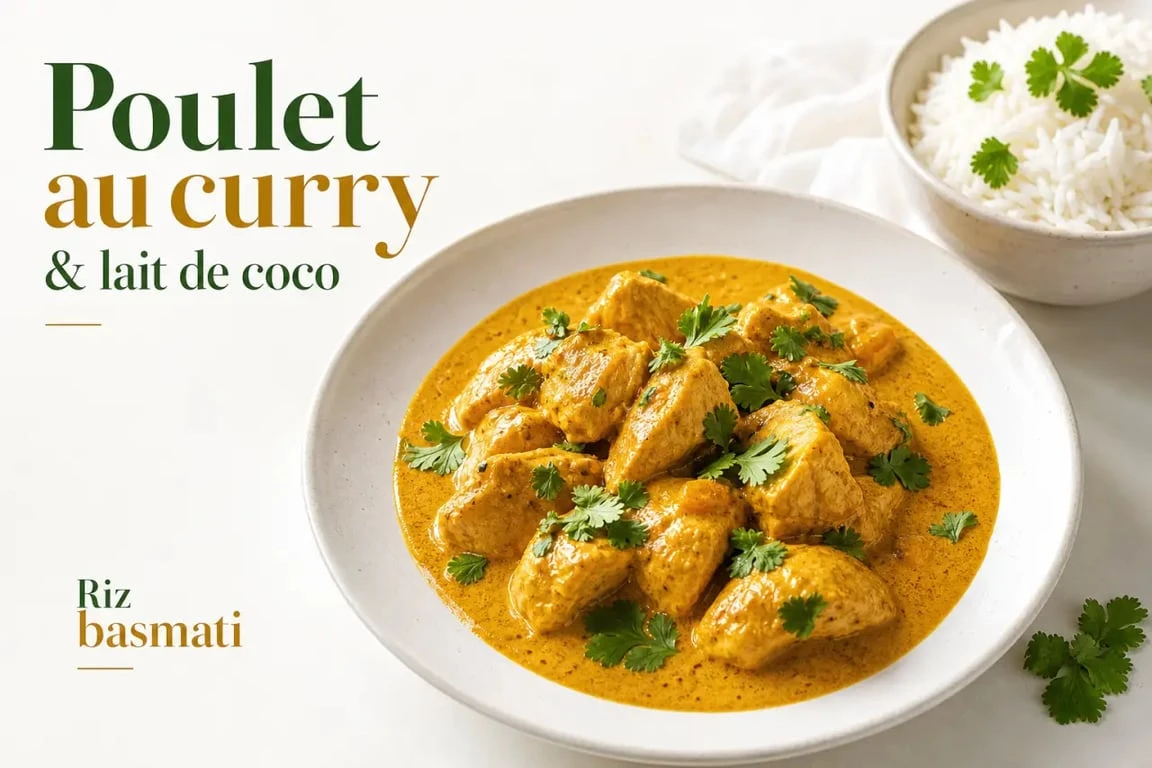 Recette de poulet au curry et lait de coco dans une assiette, plat savoureux et rapide