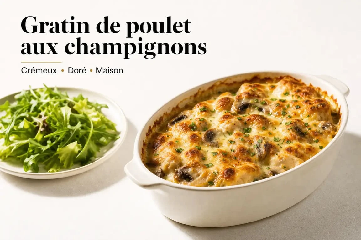 Plat a base de poulet : gratin de poulet aux champignons crémeux dans un plat à gratin