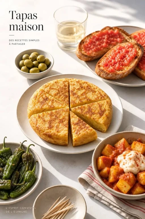 Recette des tapas espagnol avec assortiment de tapas maison : tortilla de patatas, pan con tomate et patatas bravas