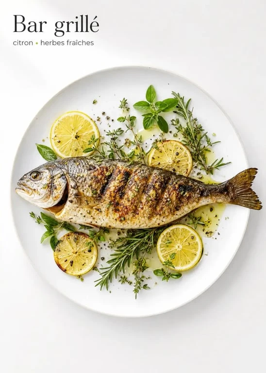 Bar entier grillé au barbecue avec herbes fraîches et citron