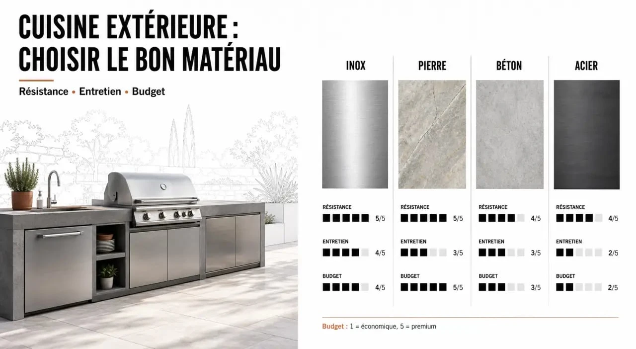Barbecue cuisine extérieure : comparaison des matériaux et des configurations pour terrasse ou jardin