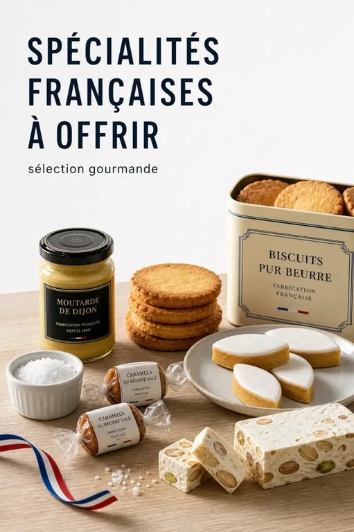 Spécialités françaises à offrir dans une composition gourmande avec caramels, biscuits, calissons et fleur de sel