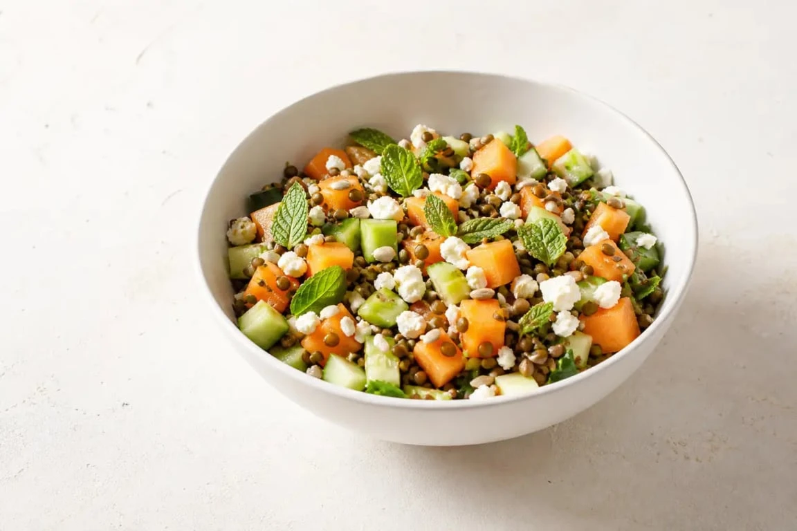 Salade composée facile et originale de lentilles, melon, concombre et feta