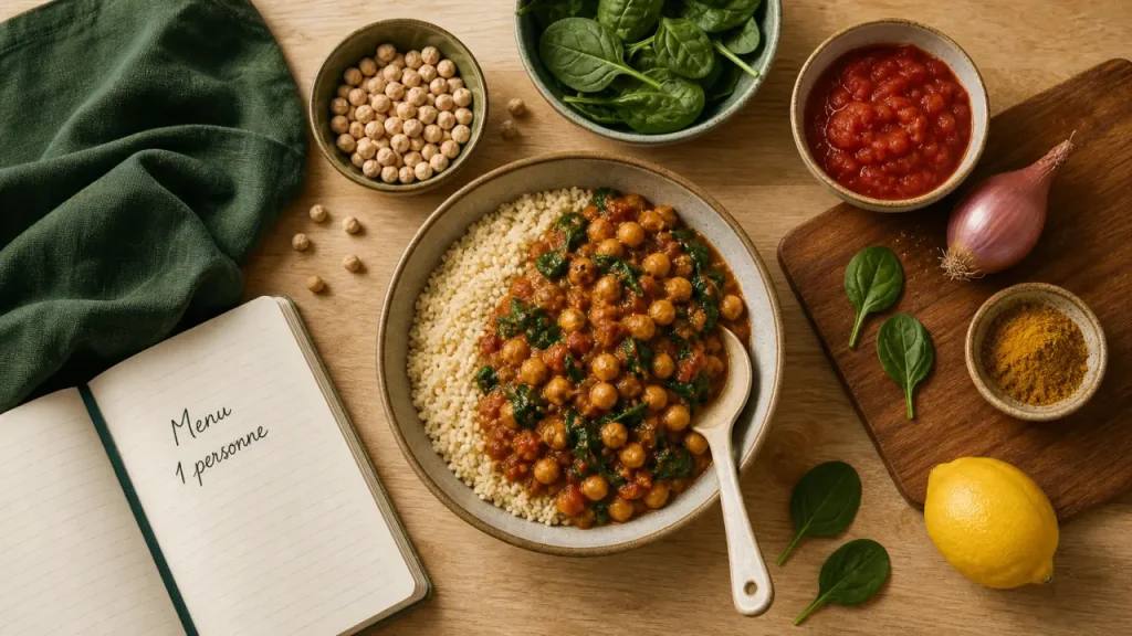 Menu semaine 1 personne : 7 jours sans gaspiller, curry pois chiches