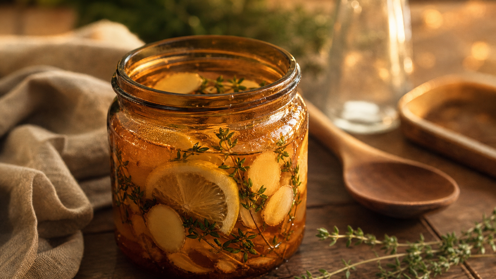Oxymel recette : bocal en macération 21 jours, citron et gingembre, thym