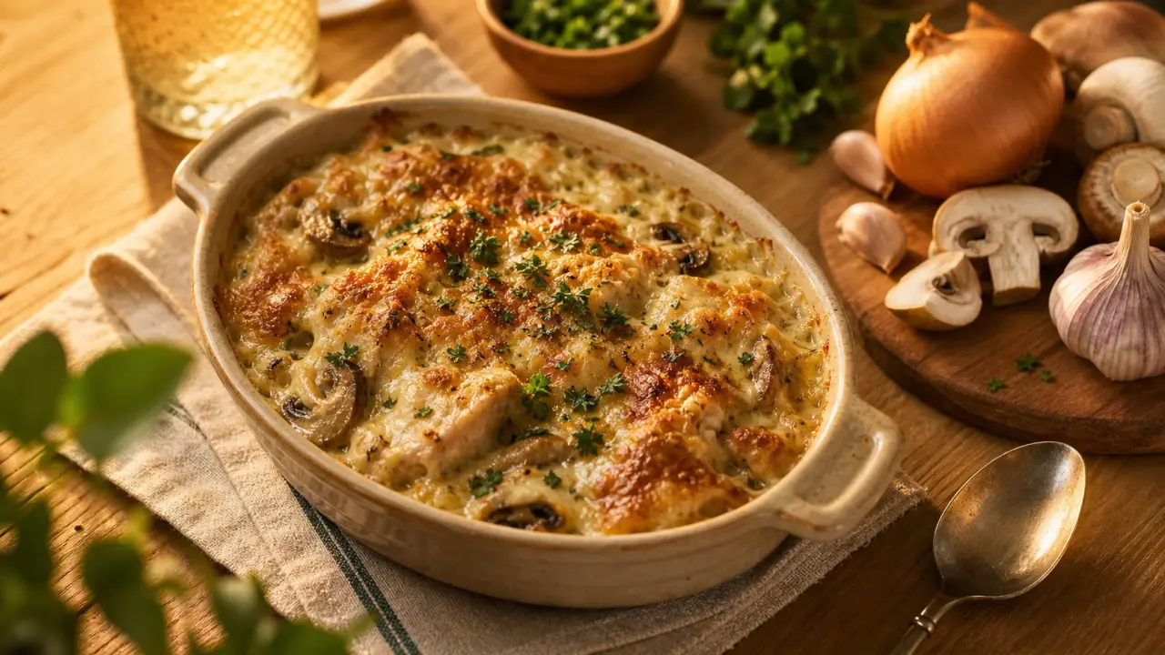 Plat a base de poulet : gratin crémeux aux champignons
