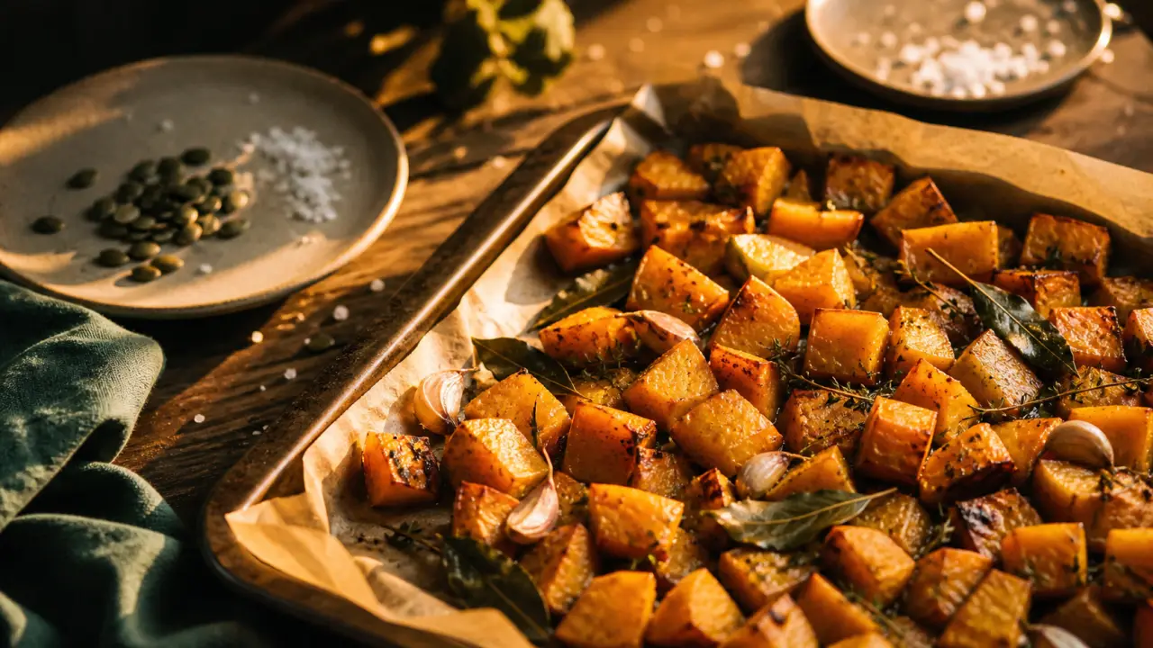 Potiron au four recette : cubes rôtis dorés, ail et thym
