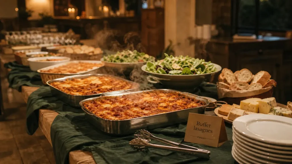 Repas pour 30 personnes : buffet lasagnes, table et plats