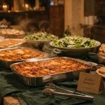 Repas pour 30 personnes : buffet lasagnes, table et plats
