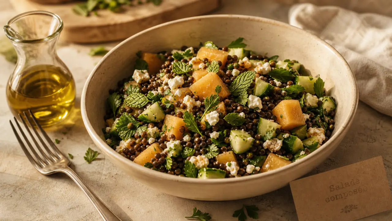 Salade composée facile et originale melon lentilles feta, concombre et menthe
