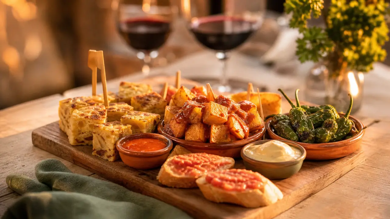 Tapas espagnols : tortilla de patatas, patatas bravas et pan con tomate