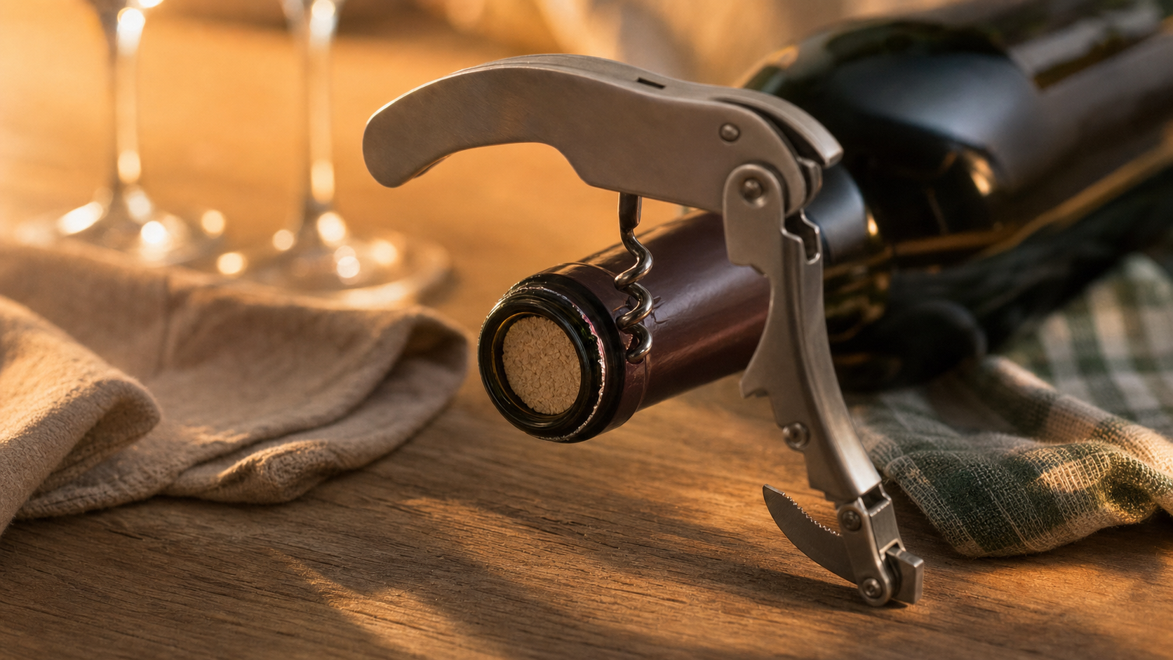 Tir bouchon sommelier acier brossé sur vin rouge