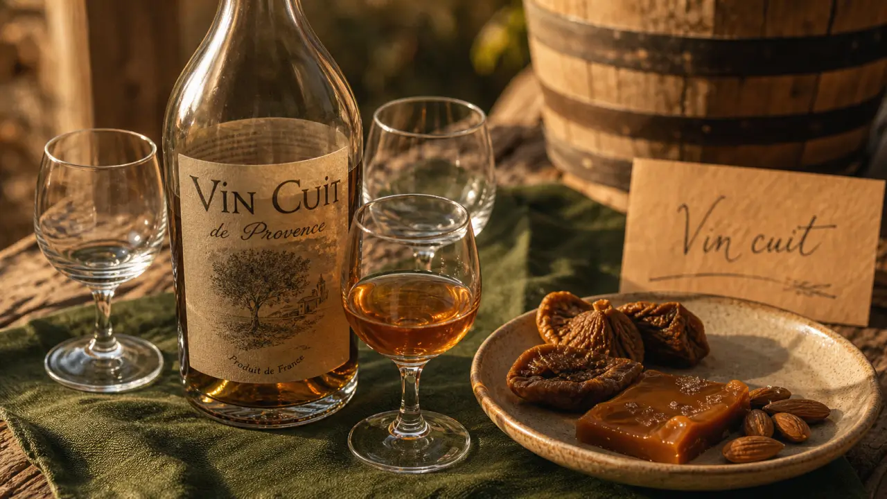 Vin cuit apéritif français, moût réduit provençal, robe ambrée