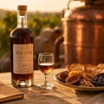 Vin cuit apéritif français provençale : bouteille, verre, figues et toasts