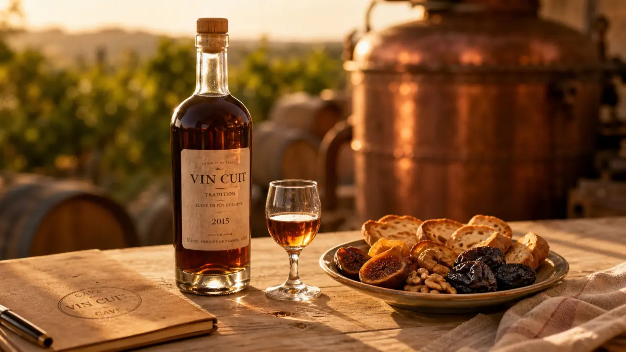 Vin cuit apéritif français provençale : bouteille, verre, figues et toasts