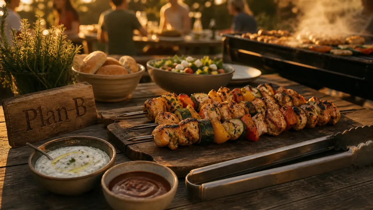 Barbecue entre amis : planche de brochettes et sauces au jardin