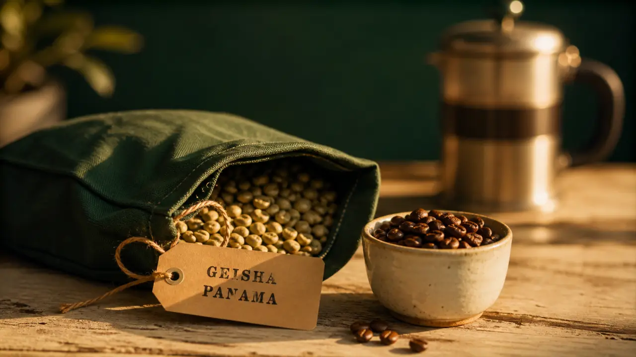 Café le plus cher au monde Geisha Panama : grains et étiquette 9 000 €/kg, face Kopi Luwak