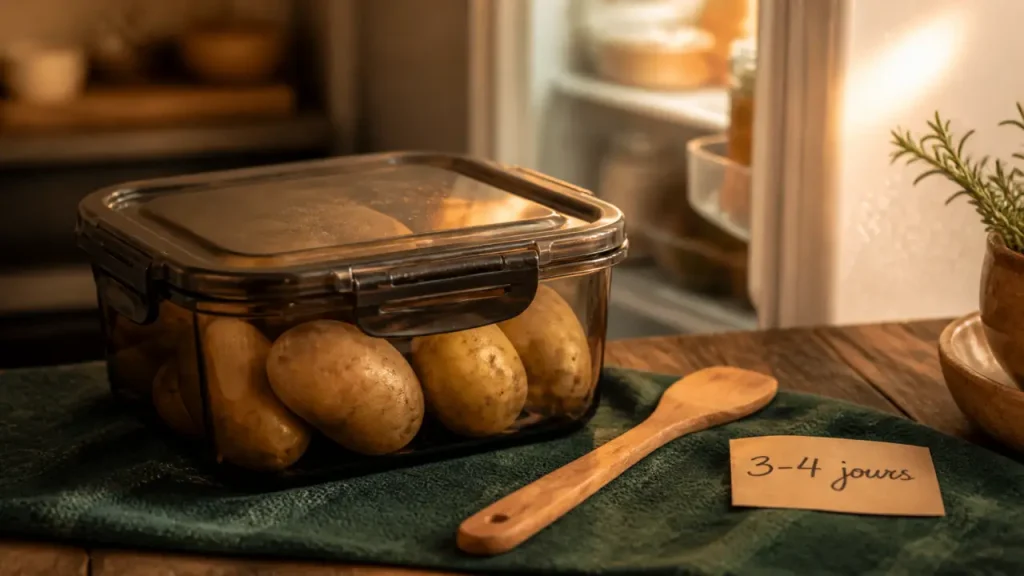 Pommes de terre cuites : 3 à 4 jours au réfrigérateur, 24 à 48 h pour la purée