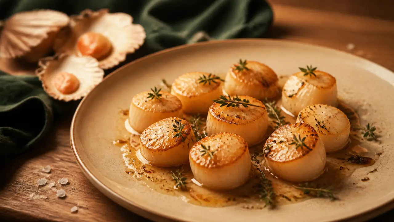 Coquille saint jacques poêlées au beurre noisette, thym, fleur de sel