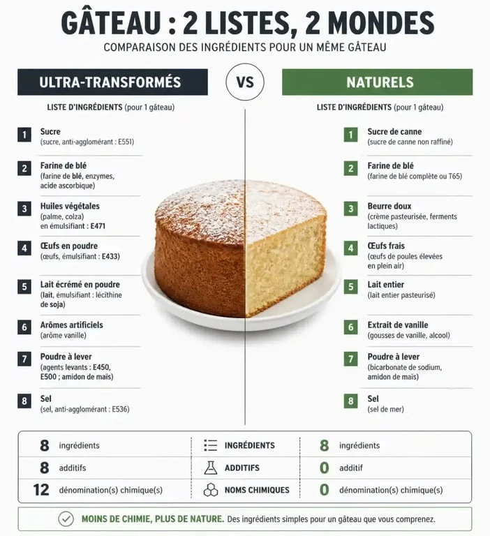 Comparaison visuelle des ingrédients des meilleurs gâteaux industriels versus produits ultra-transformés