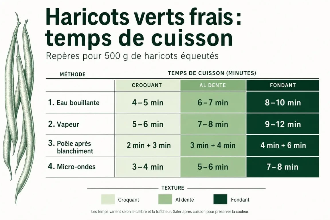 Cuisson haricot vert frais : tableau visuel des temps de cuisson et des textures