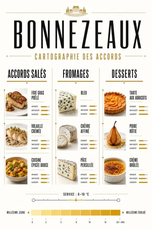 bonnezeaux accord mets vins : visuel éditorial des accords salés, fromages et desserts