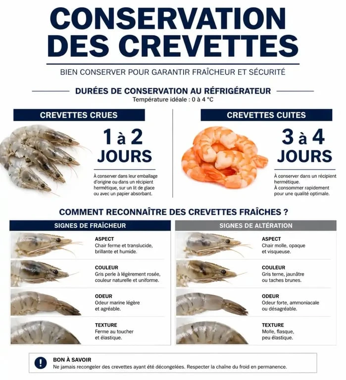 Infographie sur la conservation des crevettes au frigo : durées et signes de fraîcheur