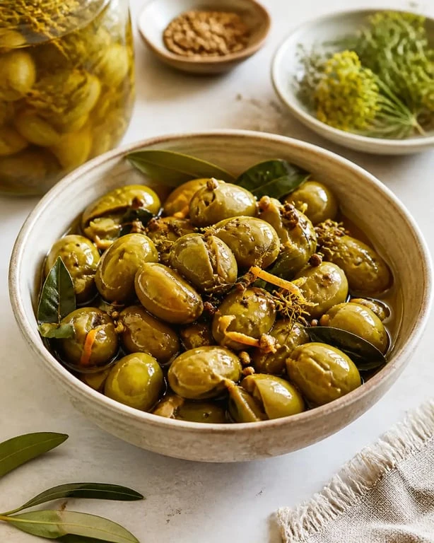 Olives cassées recette traditionnelle en saumure avec fenouil et laurier