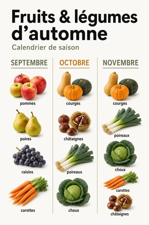 Fruit et legume automne : calendrier visuel des fruits et légumes de saison en septembre, octobre et novembre