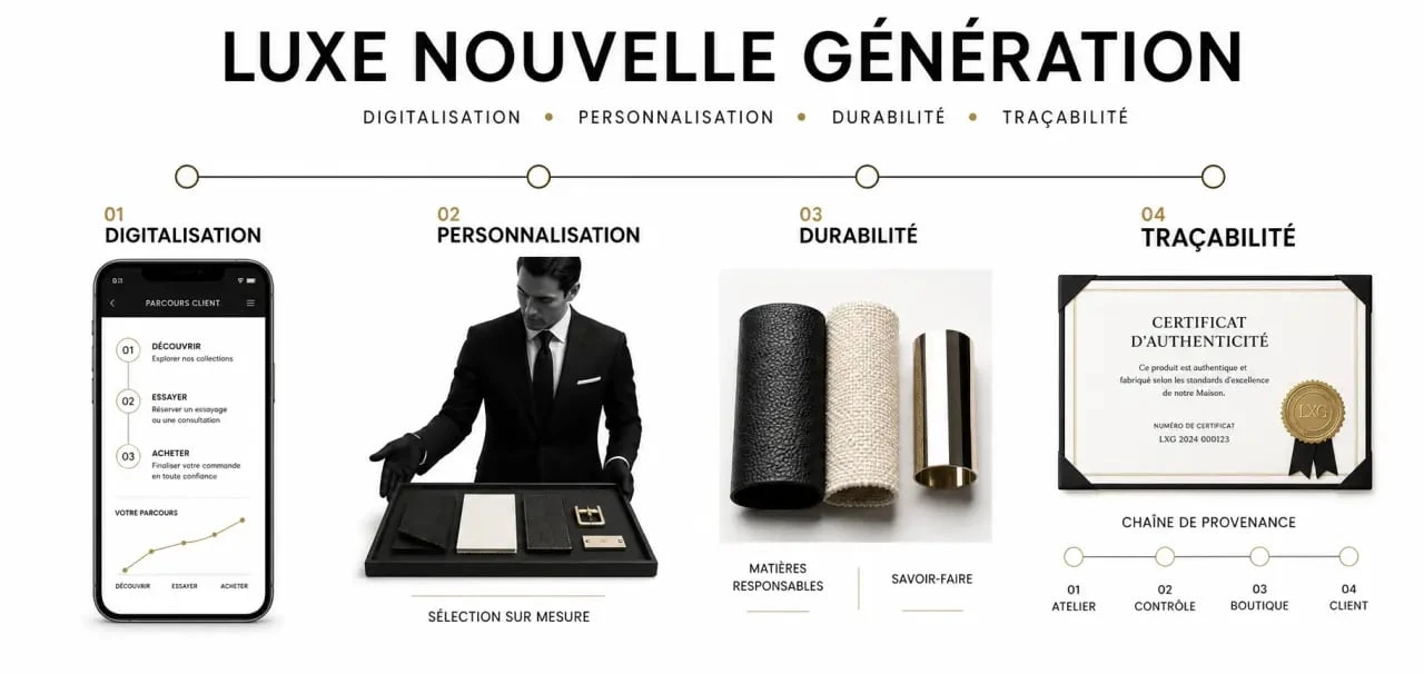 Luxe tendance : illustration éditoriale des tendances premium entre digitalisation, personnalisation, durabilité et traçabilité