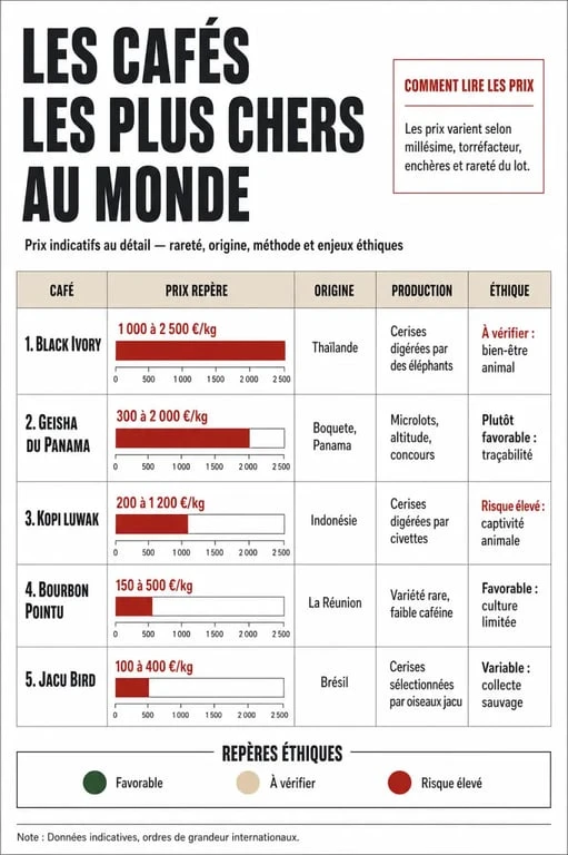 Comparatif du café le plus cher au monde avec prix, origine, méthode et éthique