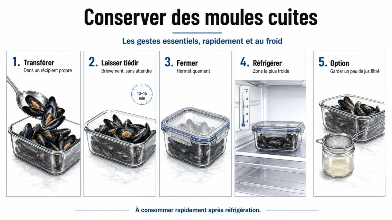 Moule cuite conservation : étapes pour refroidir et placer les restes au réfrigérateur