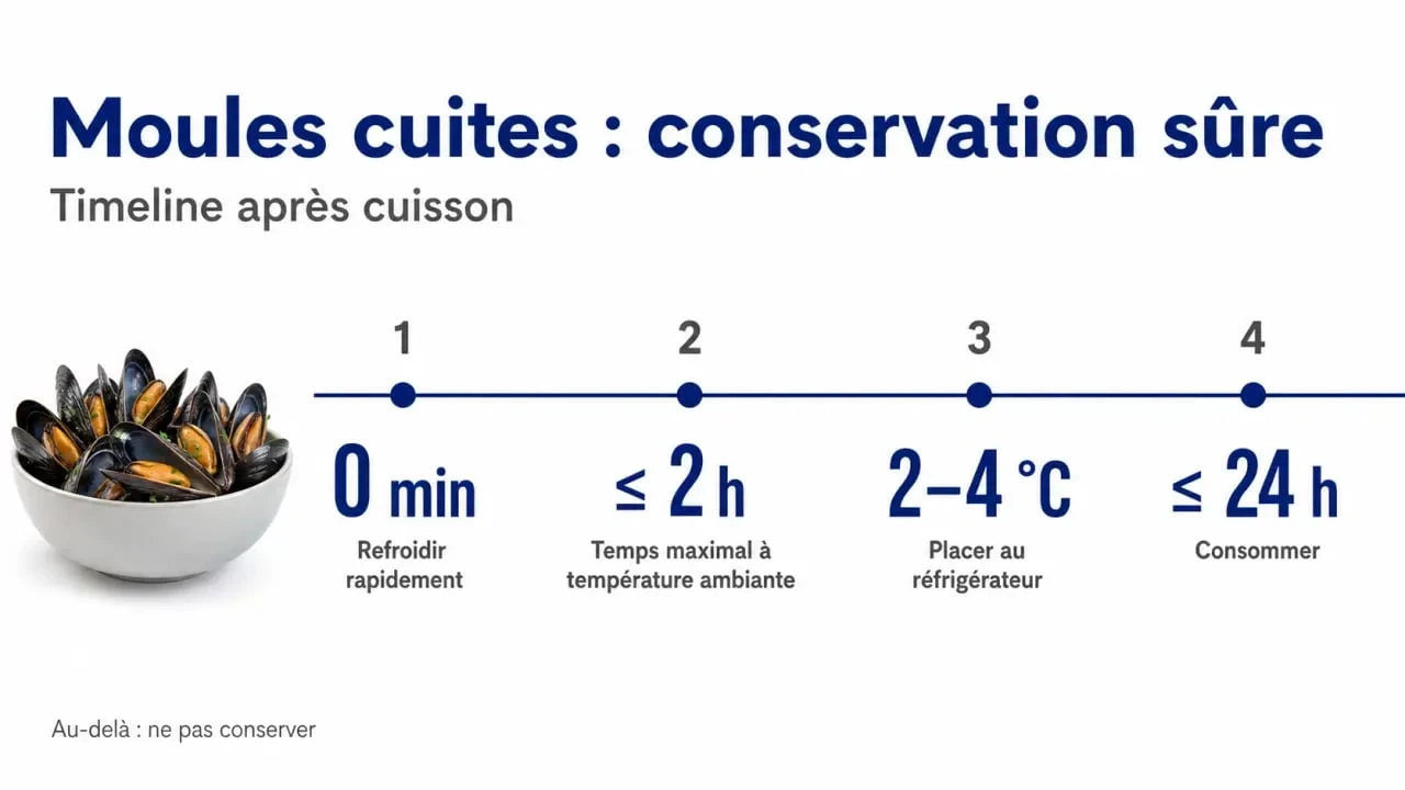 Moule cuite conservation : délai de 24 h, 2 heures à température ambiante et réfrigérateur à 2-4 °C