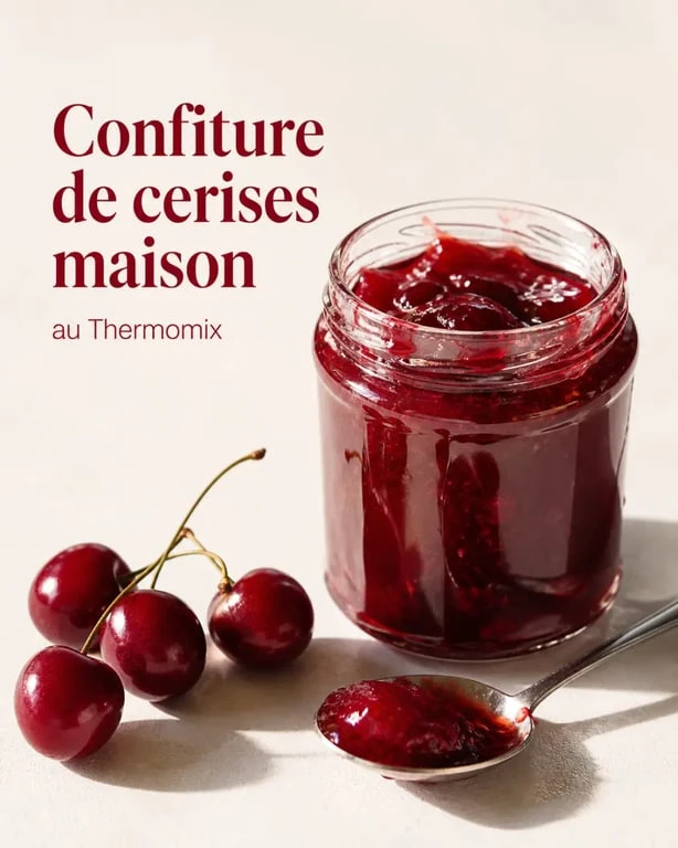 Confitures cerises thermomix dans un pot de confiture maison appétissant