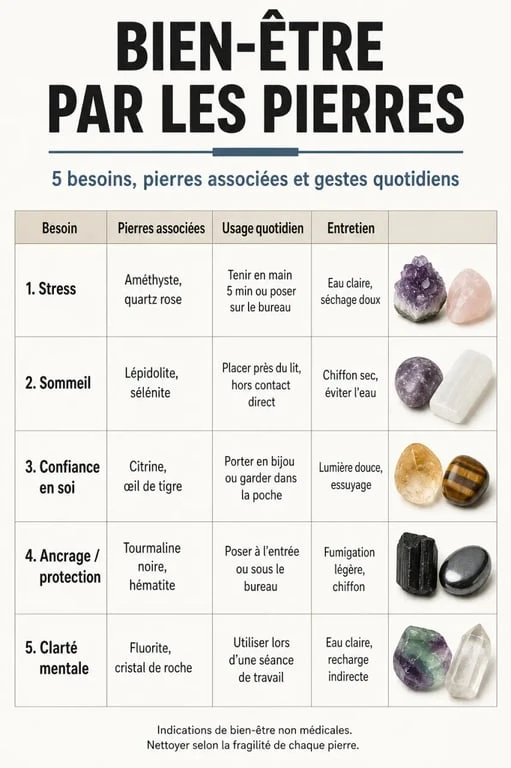 Bien-être par les pierres : infographie comparative des pierres selon le besoin, l’usage et l’entretien