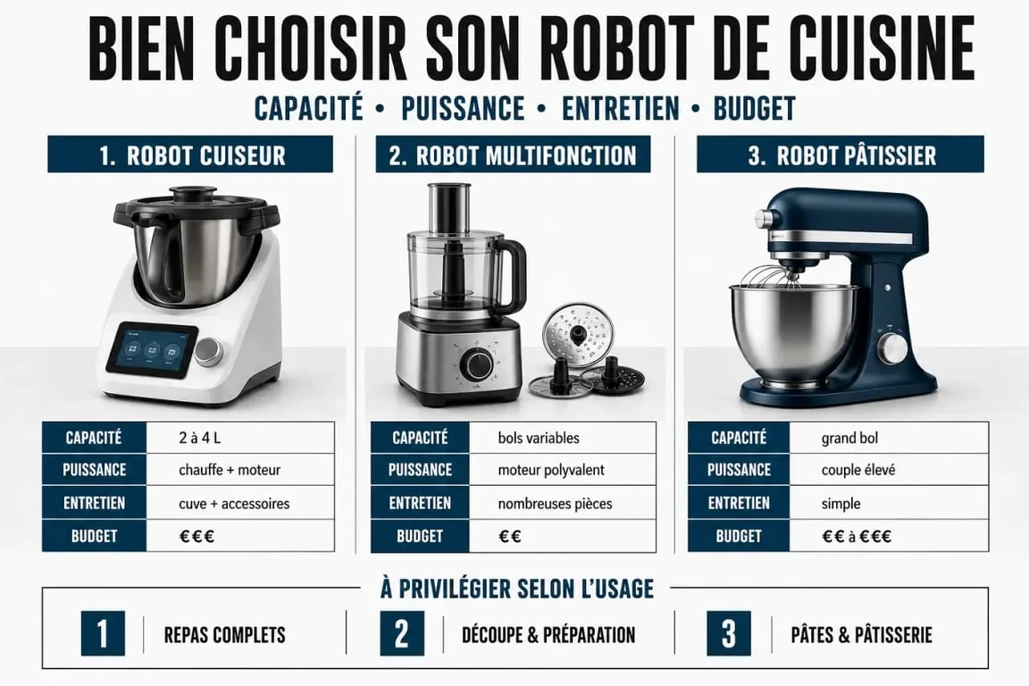 Quel robot choisir pour la cuisine : comparaison entre robot cuiseur, robot multifonction et robot pâtissier