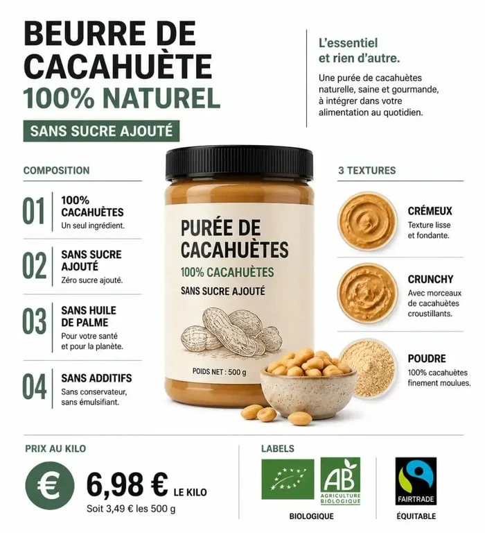 Beurre de cacahuete sans sucre : visuel comparatif des critères d’achat et du prix au kilo