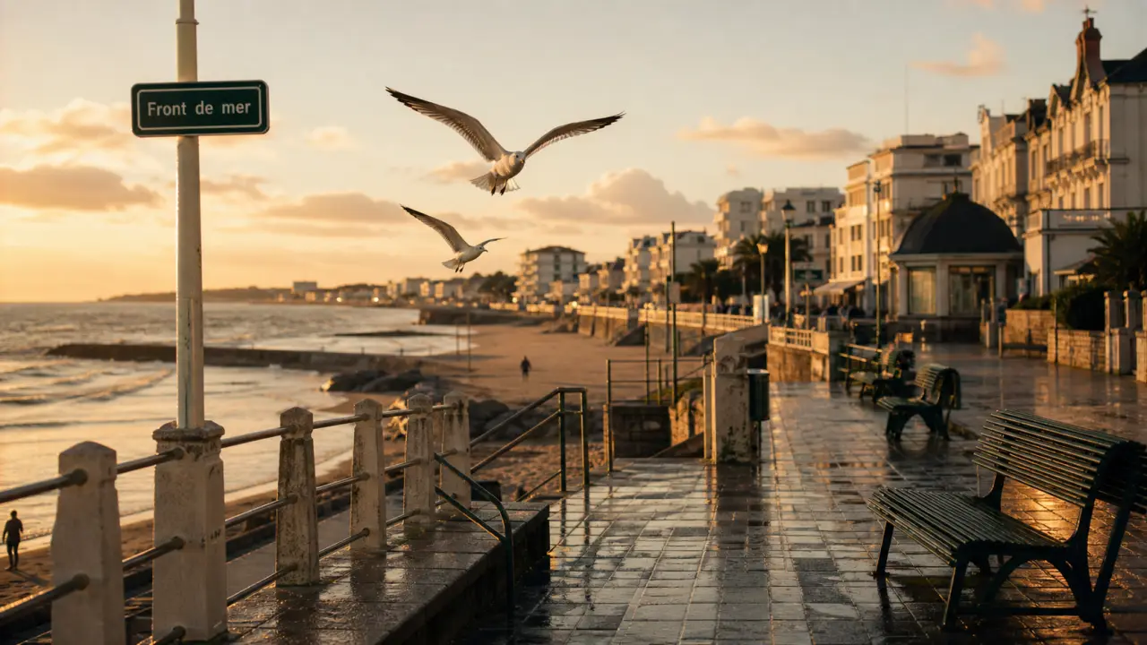 Front de mer de Royan au coucher du soleil, vue promenade