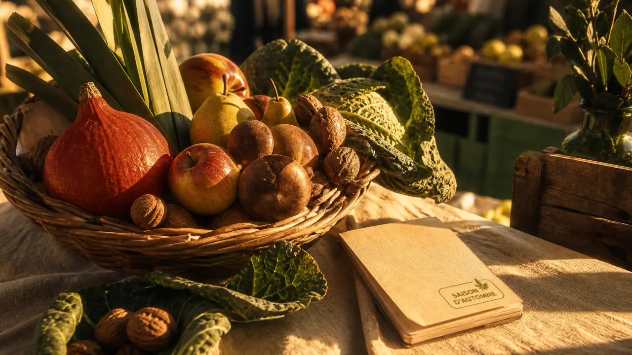Fruit et legume automne : panier pommes, courges, choux, automne