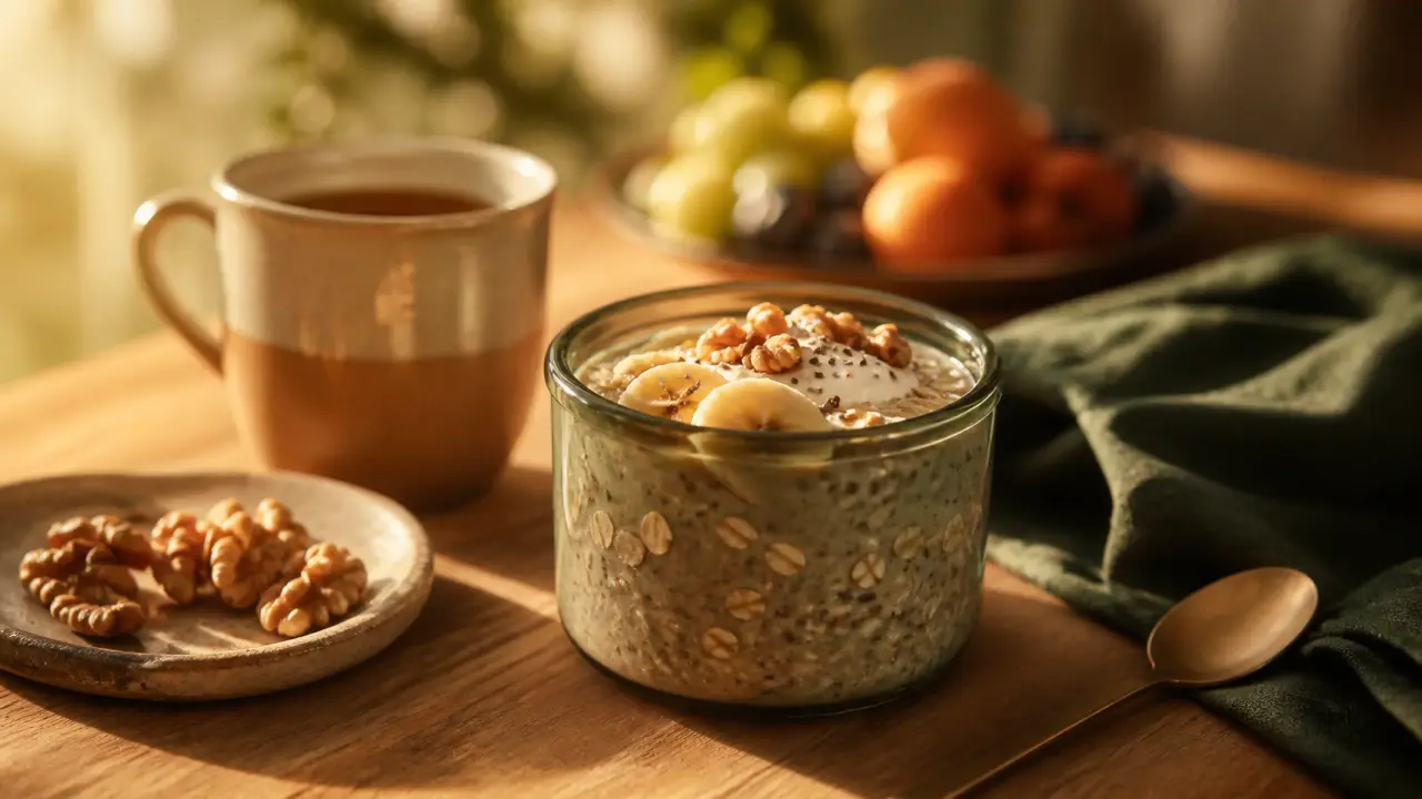 Petit dej équilibré recette : bowl overnight oats, yaourt, chia, fibres