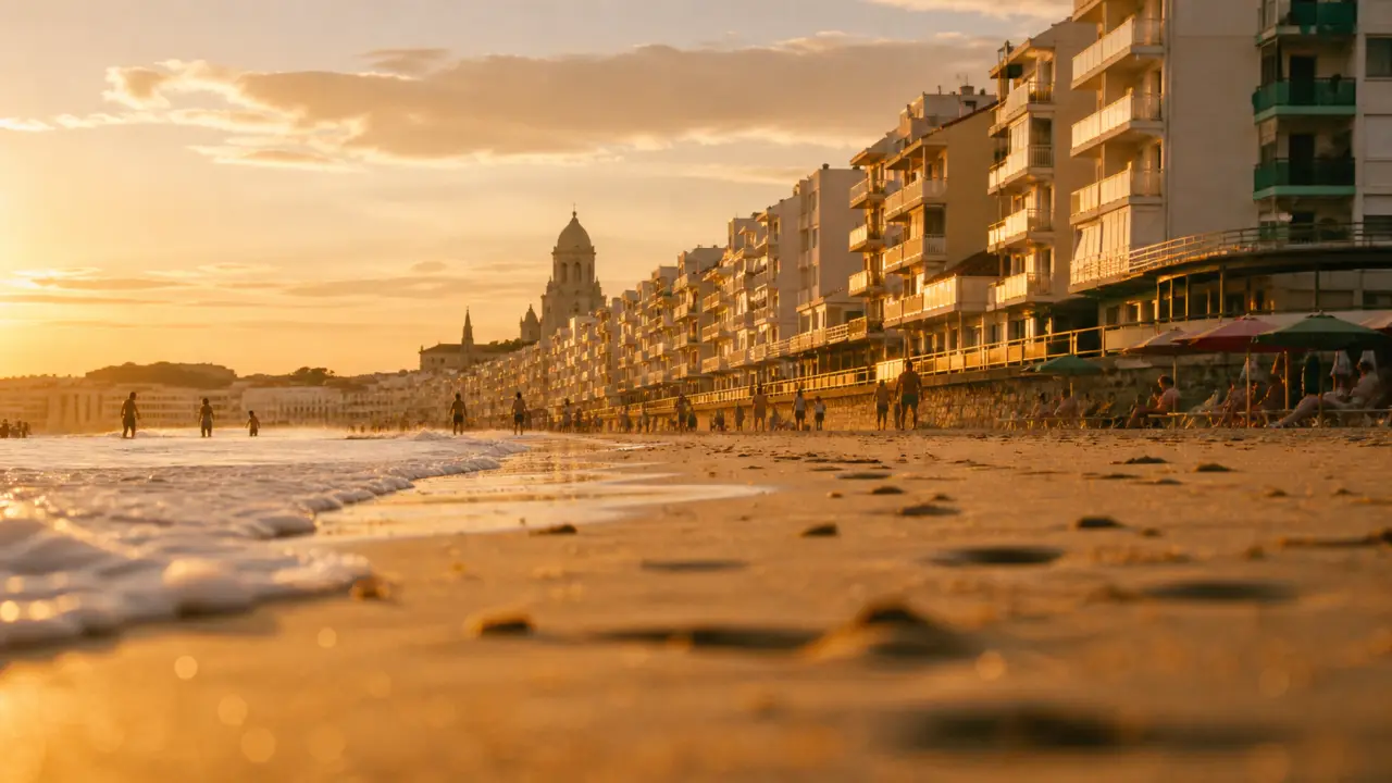 Que visiter à Royan : Grande Conche, sable doré et immeubles modernistes au coucher du soleil