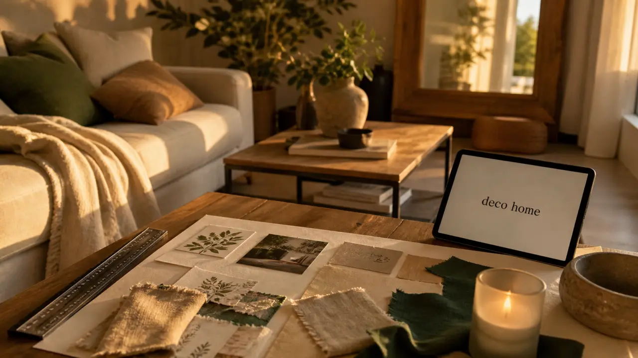 deco home : salon chaleureux, moodboard tissus et bougie