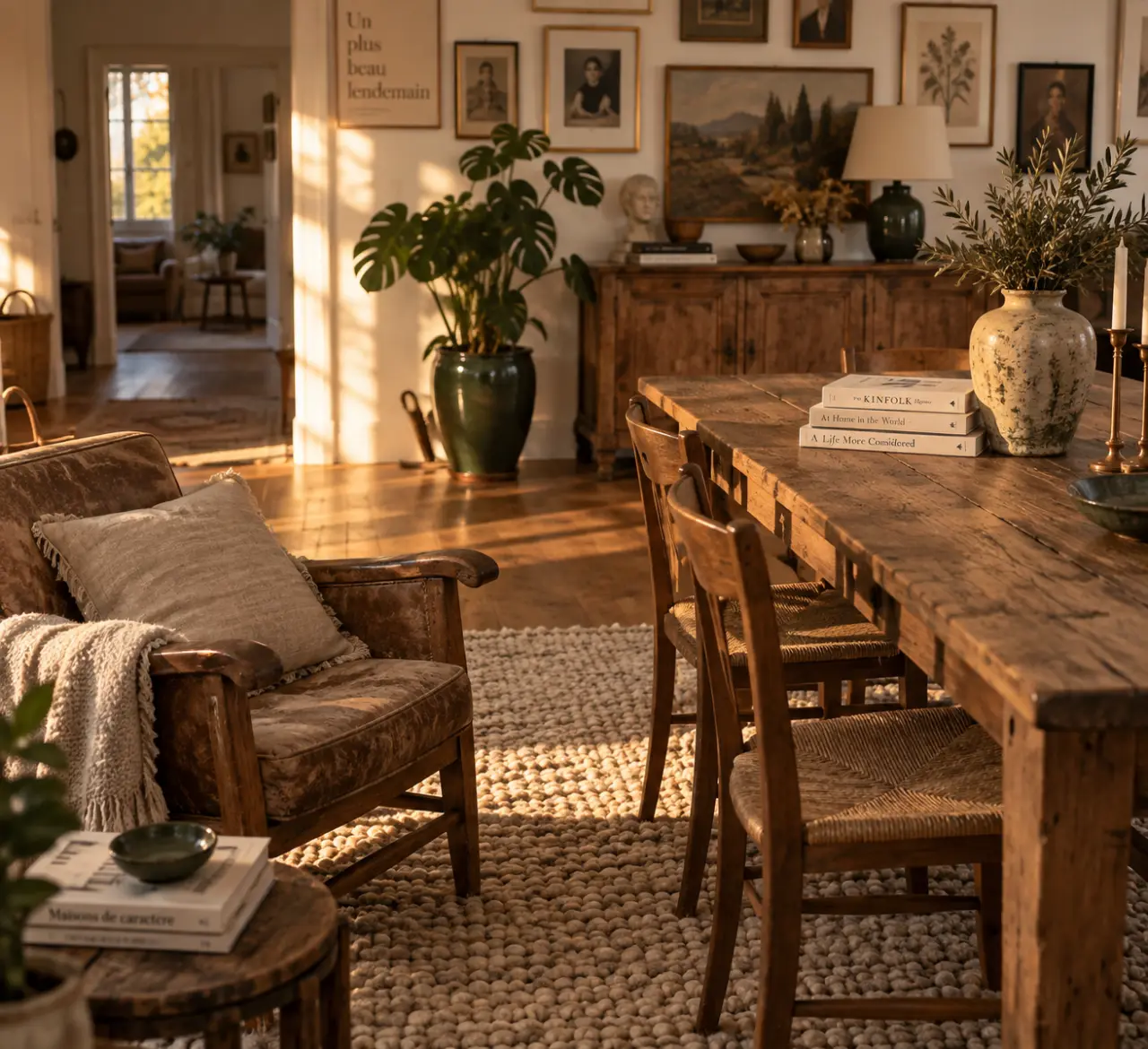 Déco maison de famille ancien et contemporain, salon chaleureux à la golden hour