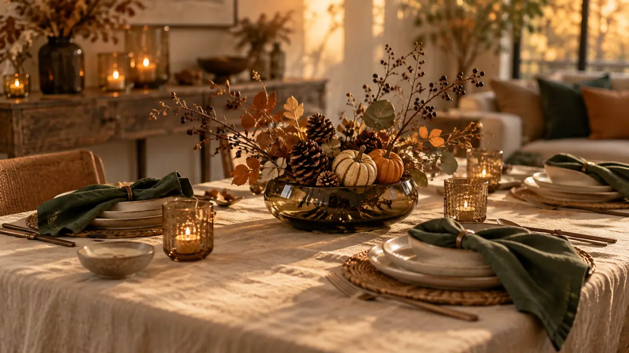 Décoration automne : table aux tons dorés et lumière douce