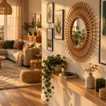decoration mural tendance : miroir soleil rotin et tableau abstrait