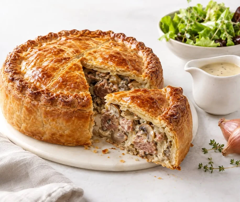 Recette de la gouline angevine dorée avec rillauds, champignons et sauce à la tomme