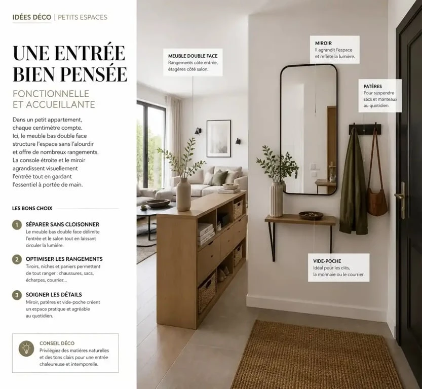 Meuble bas et console pour séparer une petite entrée du salon sans travaux