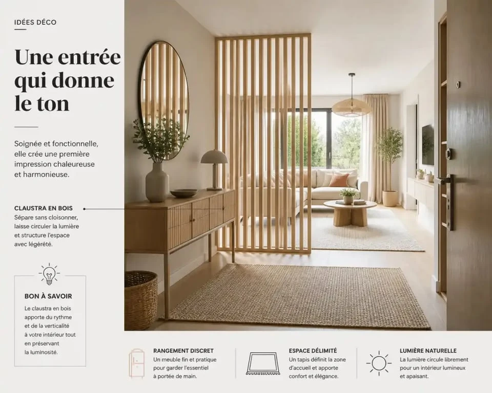Idée de séparation entrée salon avec un claustra en bois filtrant la lumière